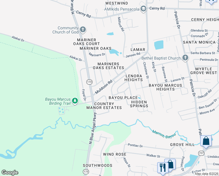 map of restaurants, bars, coffee shops, grocery stores, and more near 7935 Cayenne Way in Pensacola
