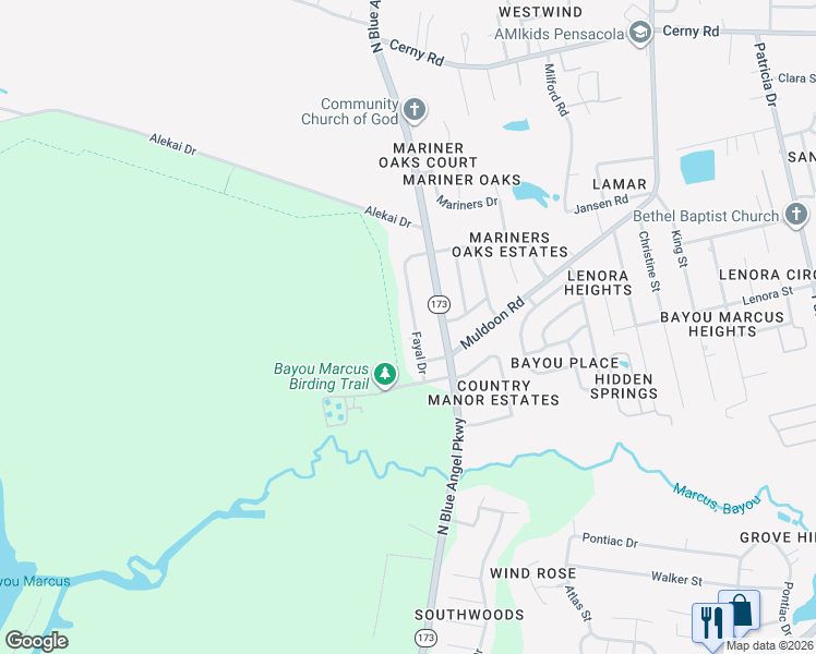 map of restaurants, bars, coffee shops, grocery stores, and more near 3117 Fayal Drive in Pensacola