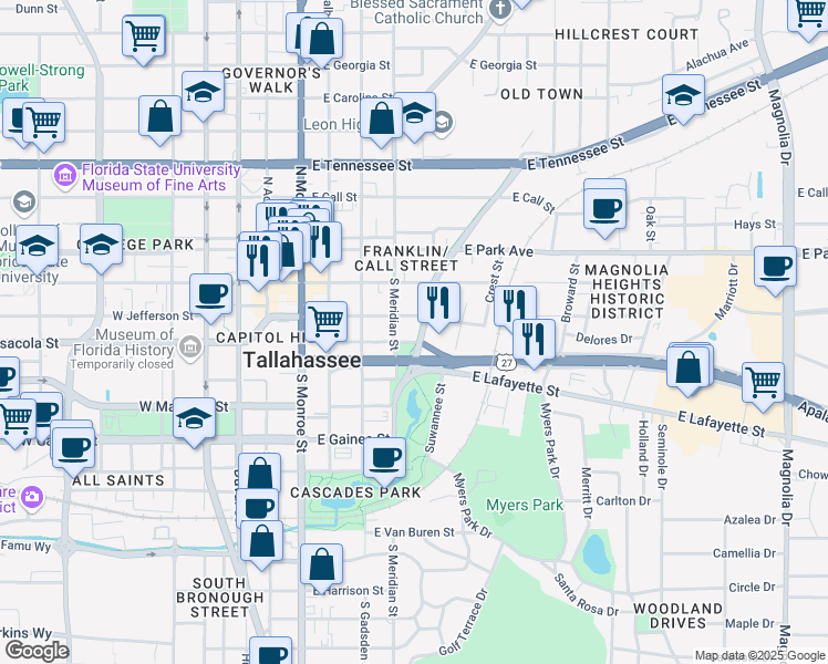 map of restaurants, bars, coffee shops, grocery stores, and more near 336 South Franklin Boulevard in Tallahassee
