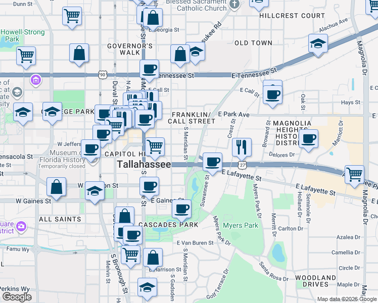 map of restaurants, bars, coffee shops, grocery stores, and more near 401-419 East Jefferson Street in Tallahassee