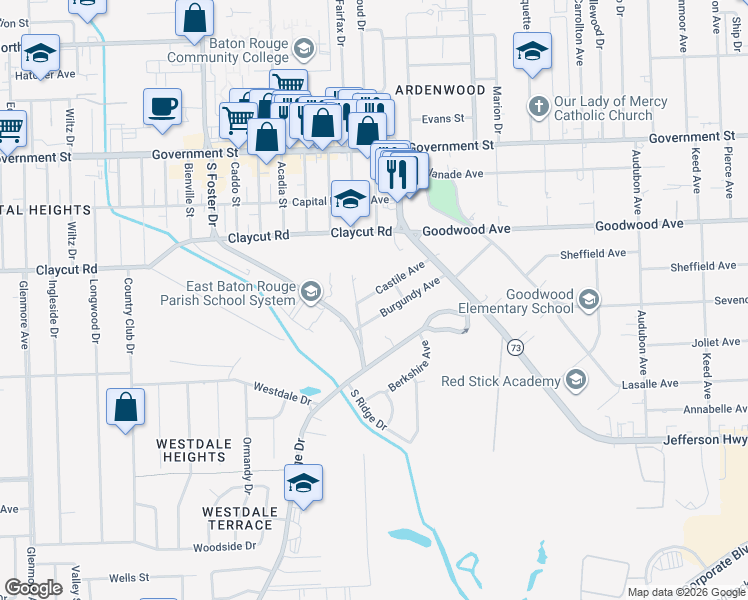 map of restaurants, bars, coffee shops, grocery stores, and more near 5768 Castile Avenue in Baton Rouge