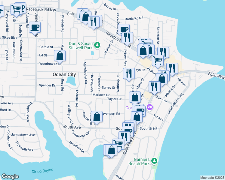 map of restaurants, bars, coffee shops, grocery stores, and more near 514 Surrey Street in Fort Walton Beach
