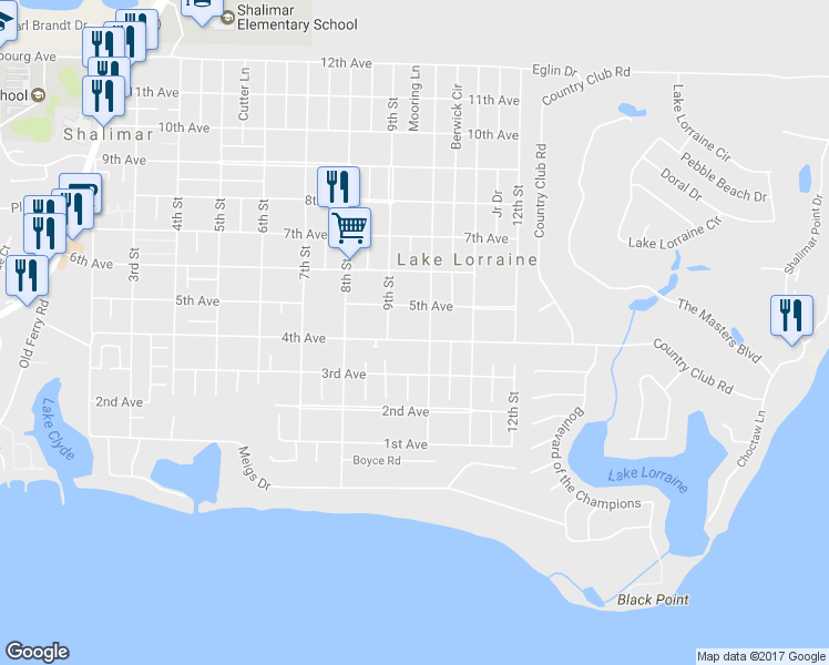map of restaurants, bars, coffee shops, grocery stores, and more near 30a 10th Street in Shalimar