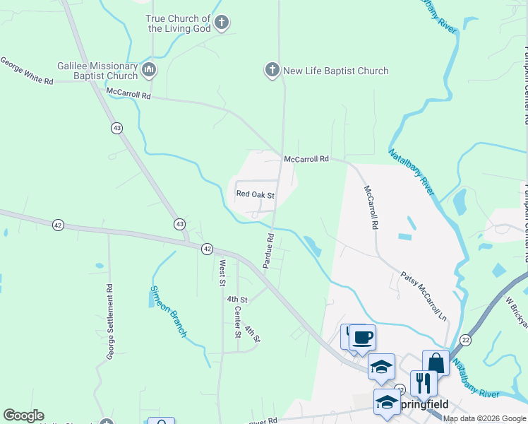 map of restaurants, bars, coffee shops, grocery stores, and more near 25431 Pardue Road in Springfield