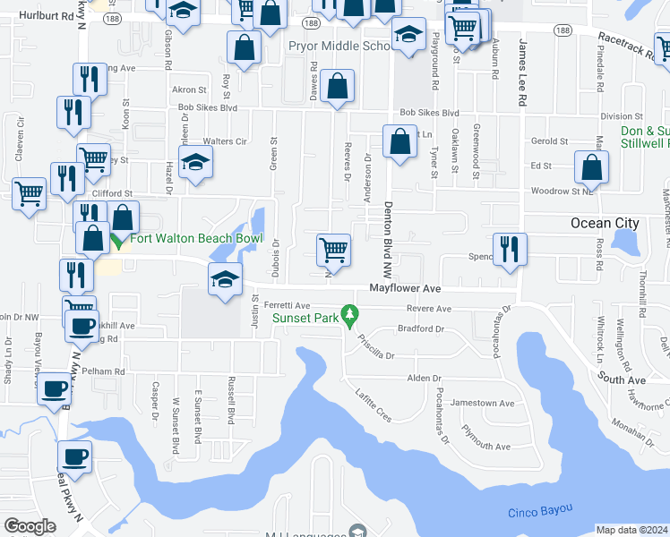 map of restaurants, bars, coffee shops, grocery stores, and more near 649 Navy Street in Fort Walton Beach