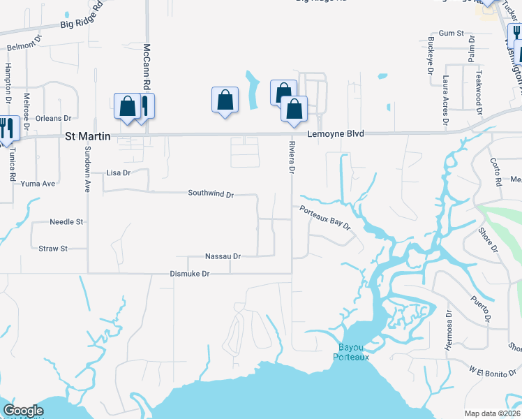 map of restaurants, bars, coffee shops, grocery stores, and more near 6900 Southwind Drive in Biloxi