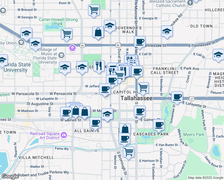 map of restaurants, bars, coffee shops, grocery stores, and more near 306 South Duval Street in Tallahassee