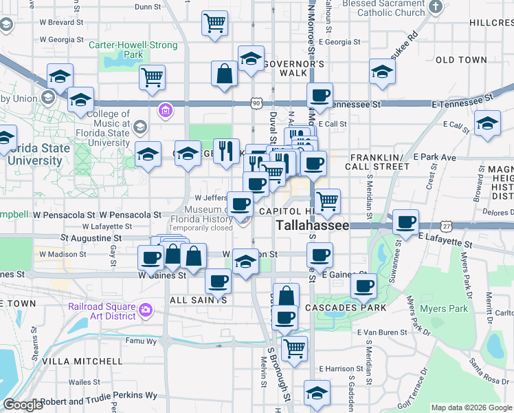 map of restaurants, bars, coffee shops, grocery stores, and more near 300 South Duval Street in Tallahassee