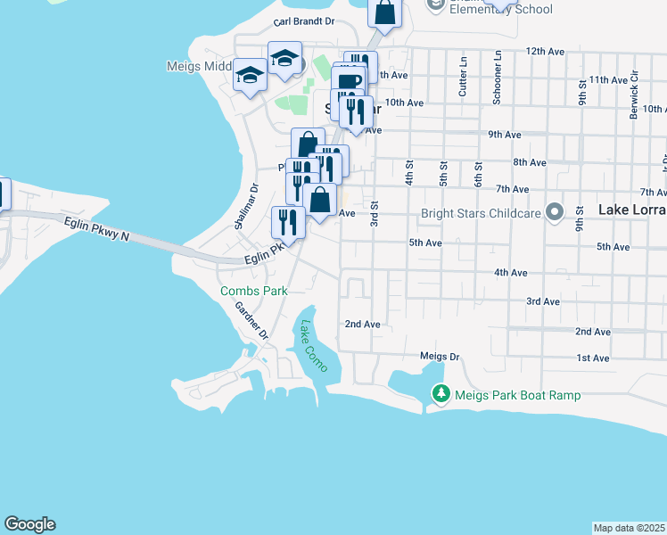 map of restaurants, bars, coffee shops, grocery stores, and more near 2 Meigs Drive in Shalimar