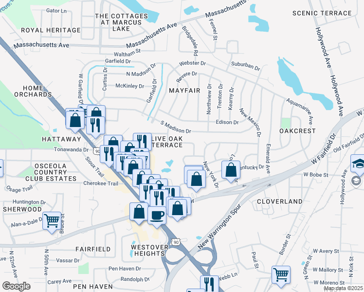 map of restaurants, bars, coffee shops, grocery stores, and more near 10 Saint Regis Drive in Pensacola
