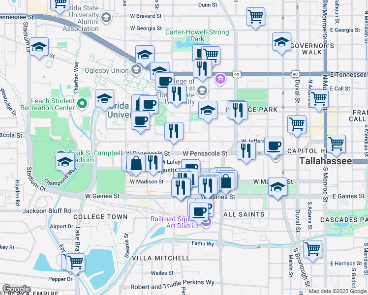 map of restaurants, bars, coffee shops, grocery stores, and more near 655 West Jefferson Street in Tallahassee
