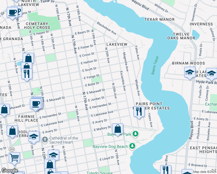 map of restaurants, bars, coffee shops, grocery stores, and more near 1914 East Maxwell Street in Pensacola