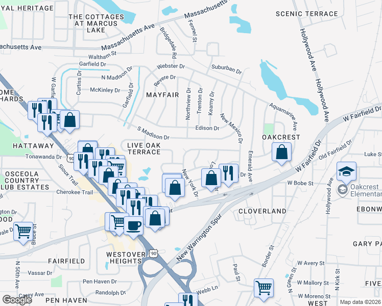 map of restaurants, bars, coffee shops, grocery stores, and more near 511 New York Drive in Pensacola