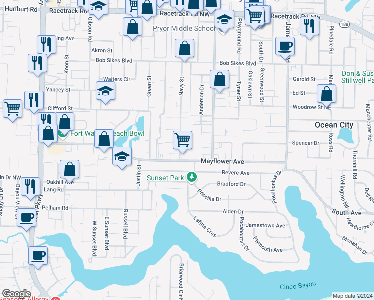 map of restaurants, bars, coffee shops, grocery stores, and more near 643 Navy Street in Fort Walton Beach