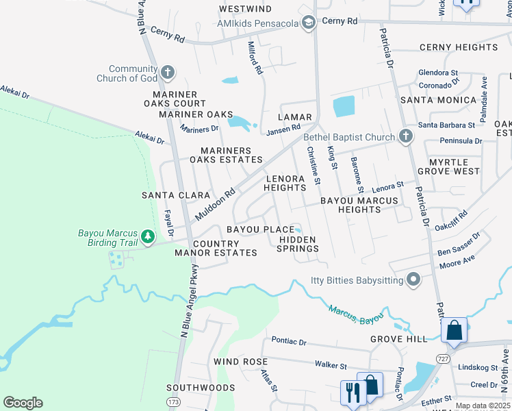 map of restaurants, bars, coffee shops, grocery stores, and more near 7929 Red Bean Drive in Pensacola