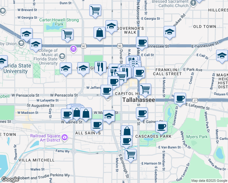 map of restaurants, bars, coffee shops, grocery stores, and more near 306 South Duval Street in Tallahassee
