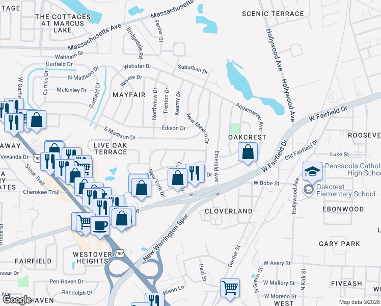 map of restaurants, bars, coffee shops, grocery stores, and more near 702 New York Drive in Pensacola