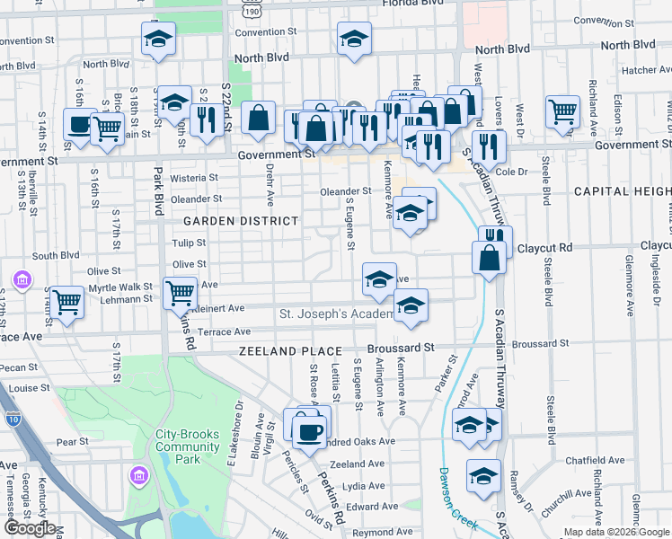 map of restaurants, bars, coffee shops, grocery stores, and more near 1004 Rittiner Drive in Baton Rouge