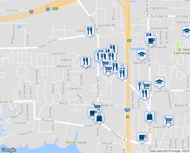 map of restaurants, bars, coffee shops, grocery stores, and more near 10581A Auto Mall Parkway in D'Iberville