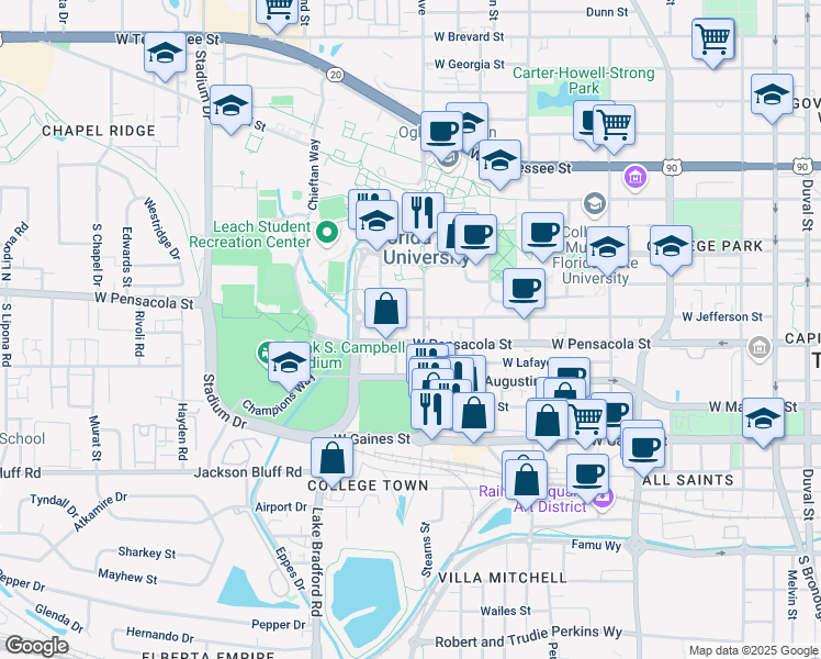 map of restaurants, bars, coffee shops, grocery stores, and more near in Tallahassee
