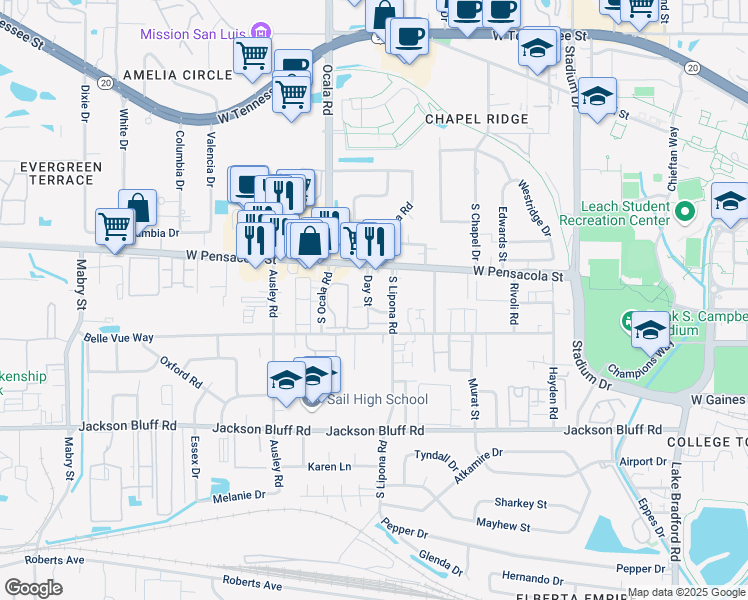 map of restaurants, bars, coffee shops, grocery stores, and more near 227 Day Street in Tallahassee