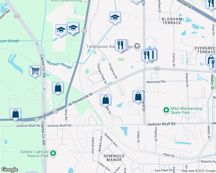 map of restaurants, bars, coffee shops, grocery stores, and more near 3901-3921 Century Park Drive in Tallahassee