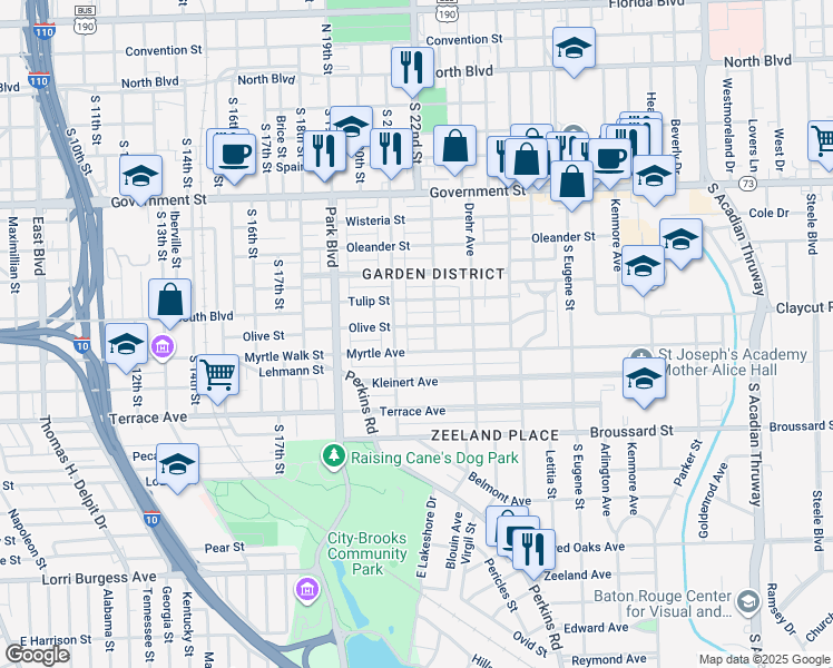 map of restaurants, bars, coffee shops, grocery stores, and more near 2169 Olive Street in Baton Rouge