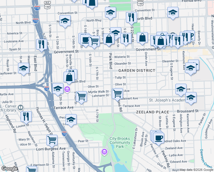map of restaurants, bars, coffee shops, grocery stores, and more near 1803 Olive Street in Baton Rouge