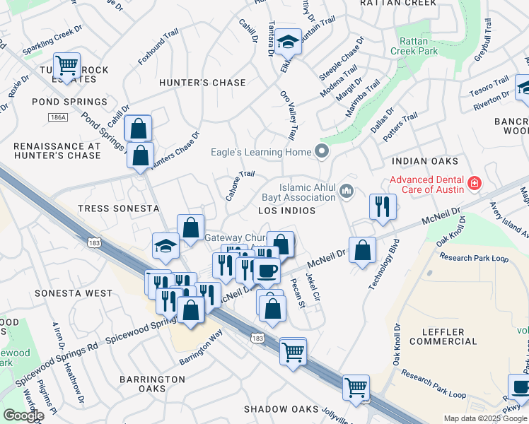 map of restaurants, bars, coffee shops, grocery stores, and more near 12401 Los Indios Trail in Austin
