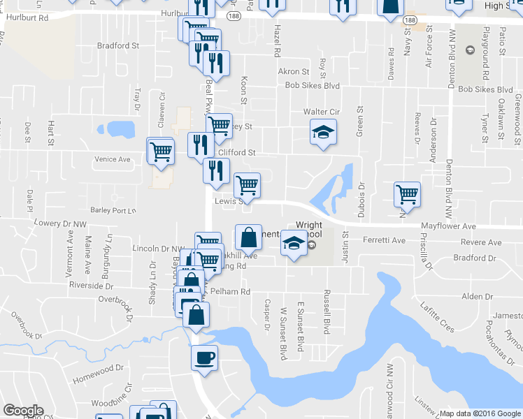 map of restaurants, bars, coffee shops, grocery stores, and more near 305 Lewis Street in Fort Walton Beach