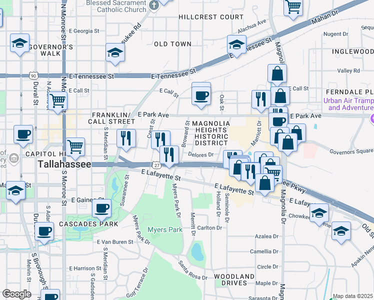 map of restaurants, bars, coffee shops, grocery stores, and more near 305 Broward Street in Tallahassee