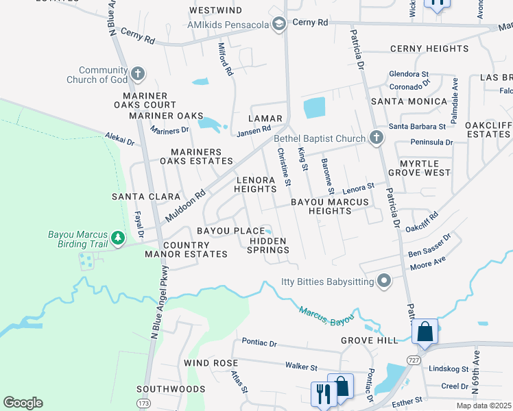 map of restaurants, bars, coffee shops, grocery stores, and more near 7829 Lenora Court in Pensacola