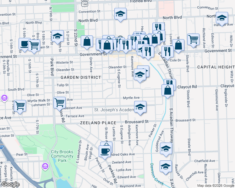map of restaurants, bars, coffee shops, grocery stores, and more near 915 South Eugene Street in Baton Rouge