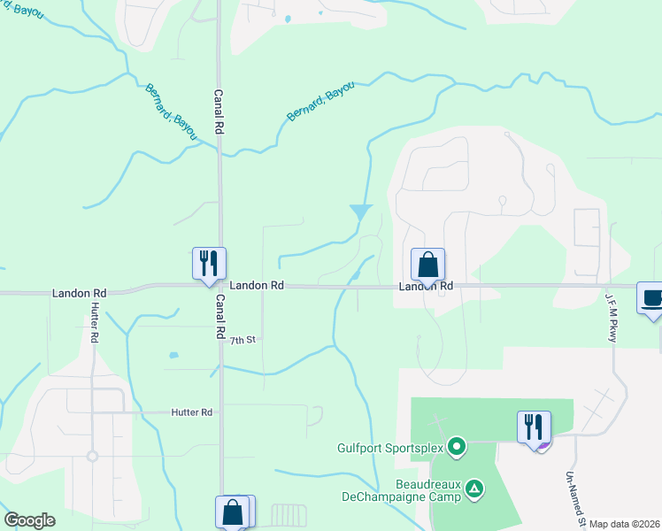 map of restaurants, bars, coffee shops, grocery stores, and more near 17406 Landon Road in Gulfport