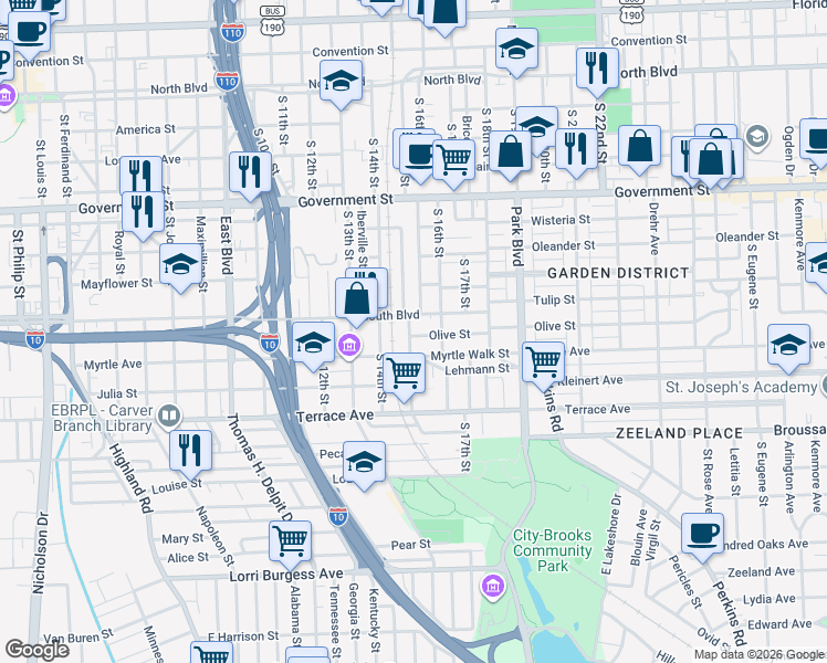 map of restaurants, bars, coffee shops, grocery stores, and more near 935 South 15th Street in Baton Rouge