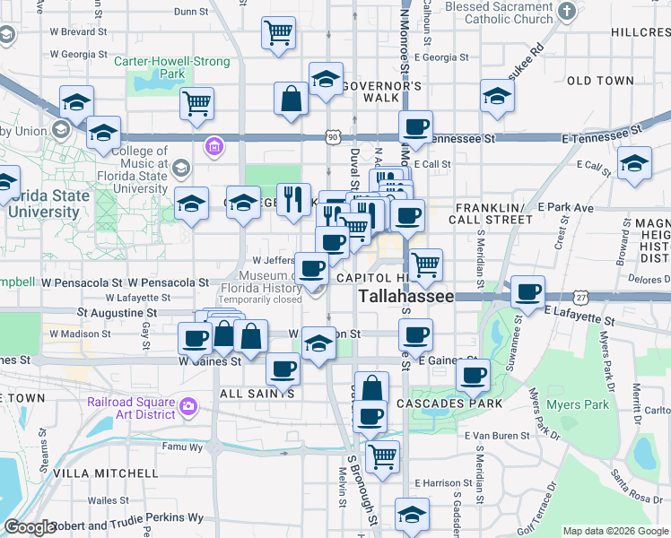 map of restaurants, bars, coffee shops, grocery stores, and more near 300 South Duval Street in Tallahassee