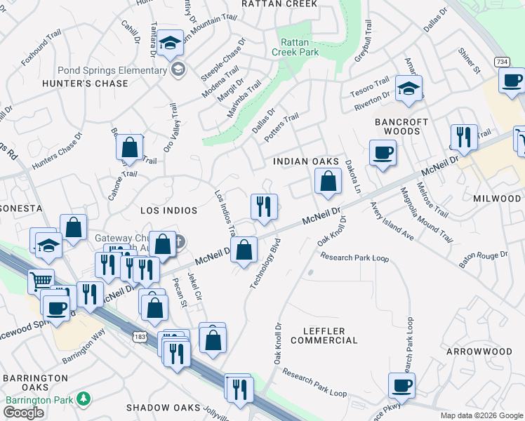 map of restaurants, bars, coffee shops, grocery stores, and more near 6800 McNeil Drive in Austin