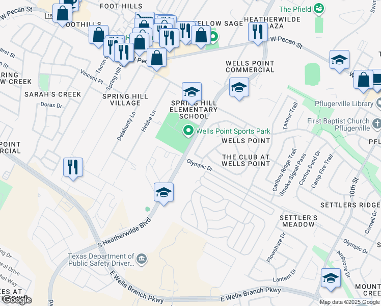 map of restaurants, bars, coffee shops, grocery stores, and more near 910 Point Run Drive in Pflugerville