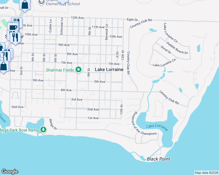 map of restaurants, bars, coffee shops, grocery stores, and more near 26 11th Street in Shalimar