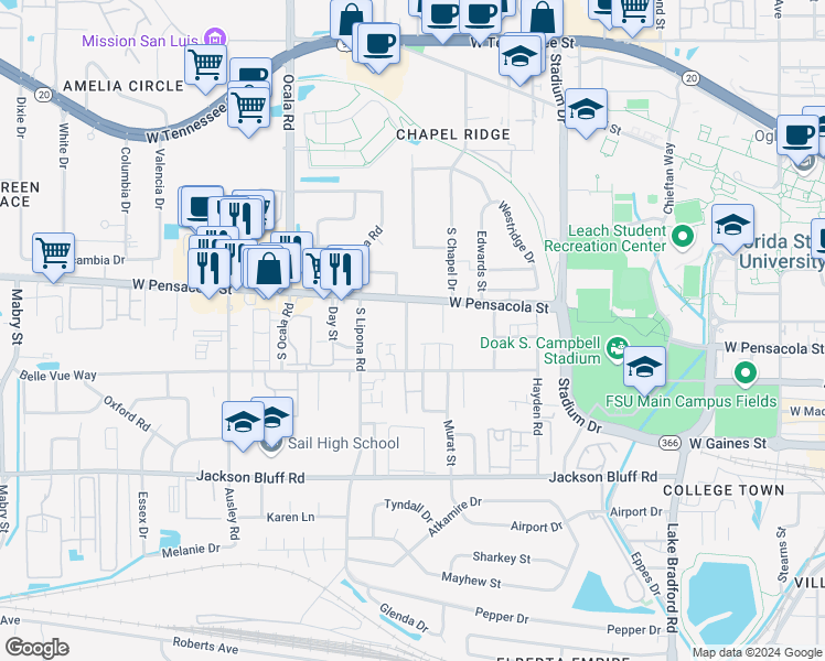 map of restaurants, bars, coffee shops, grocery stores, and more near 1819 West Pensacola Street in Tallahassee