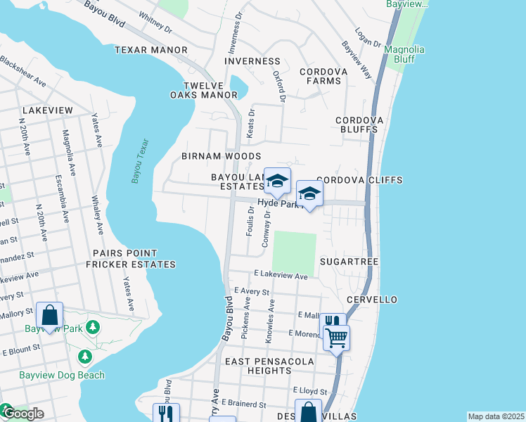 map of restaurants, bars, coffee shops, grocery stores, and more near 1901 Conway Drive in Pensacola