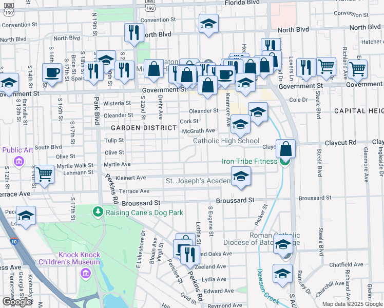 map of restaurants, bars, coffee shops, grocery stores, and more near 1004 Rittiner Drive in Baton Rouge