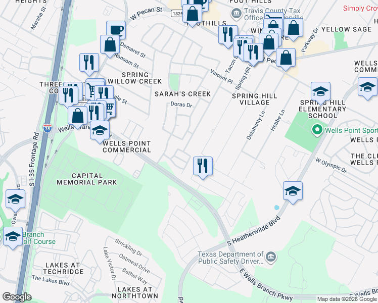 map of restaurants, bars, coffee shops, grocery stores, and more near 15100 Spring Hill Lane in Pflugerville