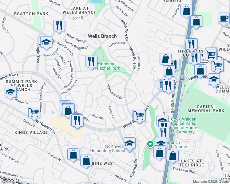 map of restaurants, bars, coffee shops, grocery stores, and more near 14503 Crystal Court in Austin