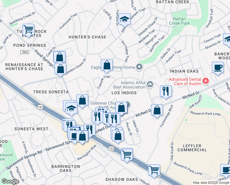 map of restaurants, bars, coffee shops, grocery stores, and more near 12401 Los Indios Trail in Austin