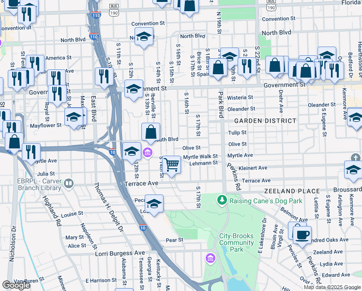 map of restaurants, bars, coffee shops, grocery stores, and more near 935 South 15th Street in Baton Rouge