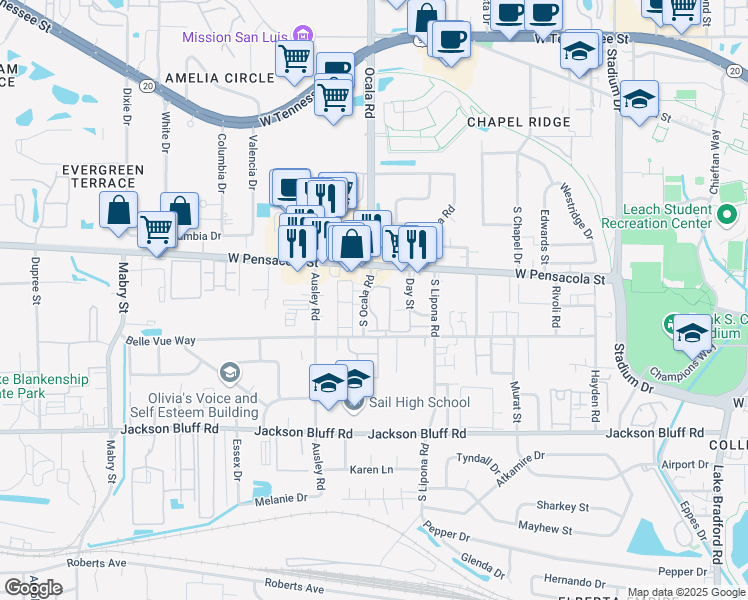map of restaurants, bars, coffee shops, grocery stores, and more near 235 South Ocala Road in Tallahassee