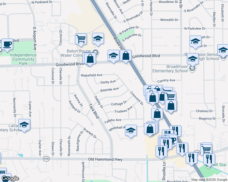 map of restaurants, bars, coffee shops, grocery stores, and more near 8934 Bayside Avenue in Baton Rouge