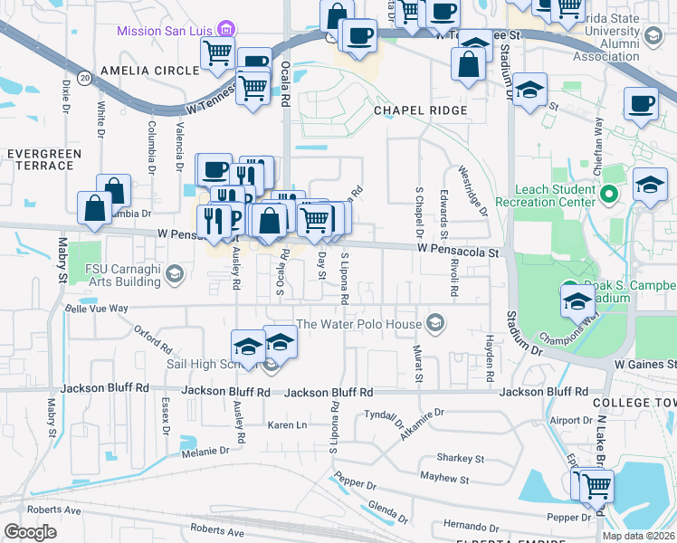 map of restaurants, bars, coffee shops, grocery stores, and more near 230 South Lipona Road in Tallahassee