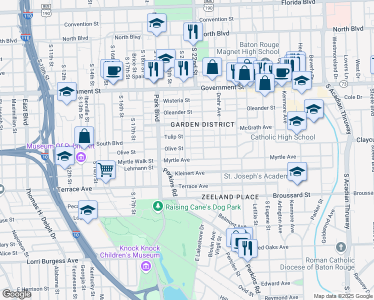 map of restaurants, bars, coffee shops, grocery stores, and more near 960 Camellia Avenue in Baton Rouge